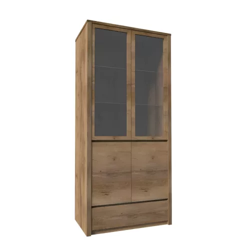 Vitrín szekrény 1- fióko és 2 osztot ajtóval  teljessen  üvegezett, tölgyfa lefkas, MONTANA W2D