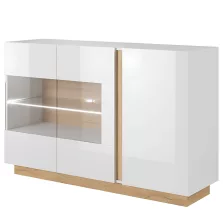   Komód üveggel, fehér/tölgy grandson/magasfényű fehér, CITY