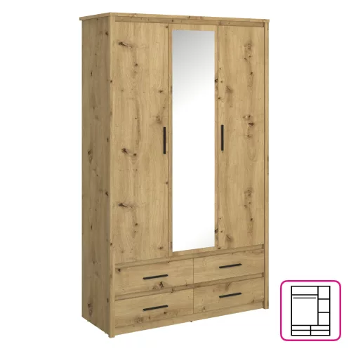Szekrény tükörrel 3D4S, artisan tölgy, AIRON