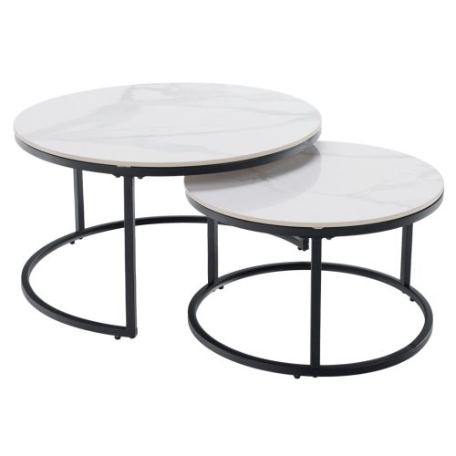 Dohányzóasztalok, 2 db-os szett, fehér márvány/fekete acél, LASTRO