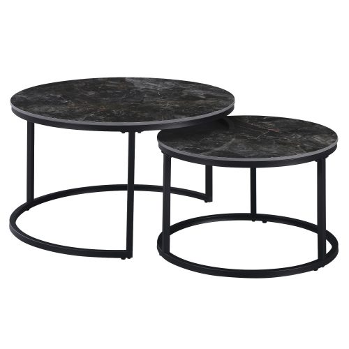 Dohányzóasztalok, 2 db-os szett, fekete márvány/fekete acél, LASTRO