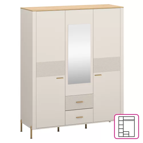 Szekrény tükörrel, kasmír/kő tölgy, RUNOL 3D2S