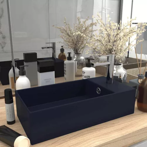 vidaXL sötétkék kerámia mosdókagyló túlfolyóval