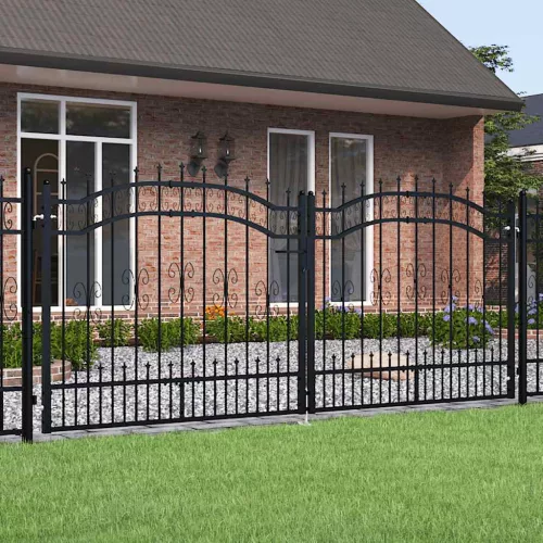 vidaXL fekete porszórt acél kerítéskapu lándzsás tetejjel 305 x 125 cm