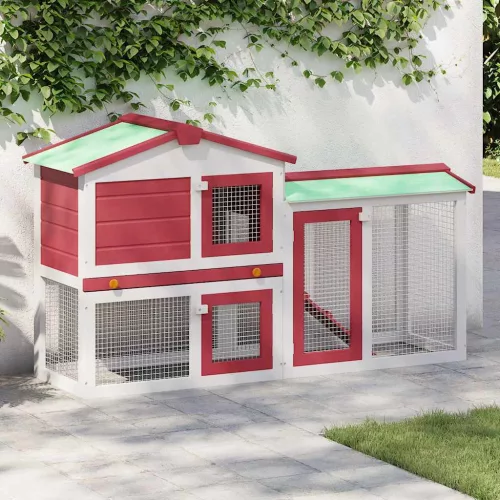 vidaXL piros és fehér fa kültéri nyúlketrec 145 x 45 x 84 cm