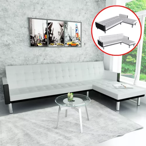 vidaXL Fehér, L-alakú, műbőr kanapéágy