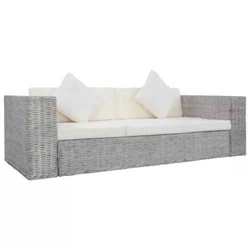 vidaXL 3 személyes szürke természetes rattan kanapé párnával