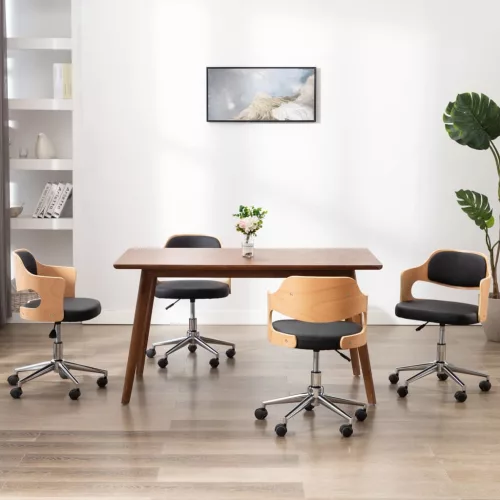 vidaXL 4 db fekete hajlított fa és műbőr forgó étkezőszék