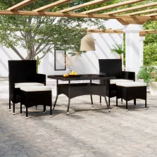   vidaXL 5 részes fekete polyrattan és edzett üveg kerti étkezőgarnitúra