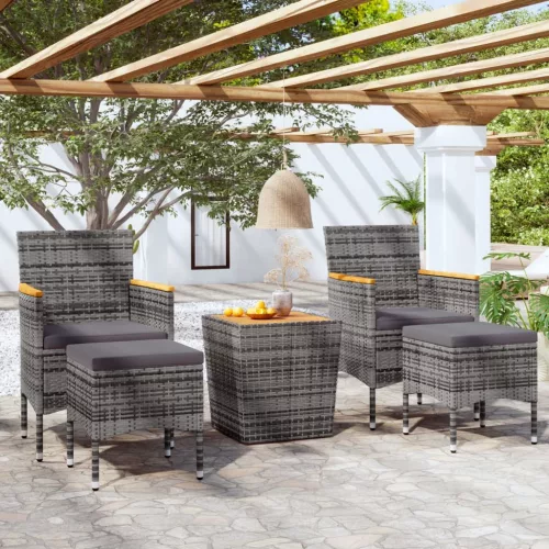 vidaXL 5 részes szürke polyrattan és tömör akácfa kerti bisztrószett