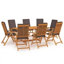   vidaXL 9 részes tömör tíkfa kerti étkezőgarnitúra szürke párnákkal