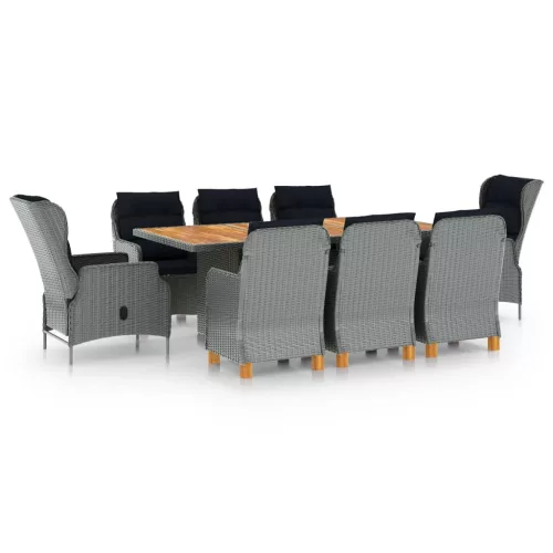 vidaXL 9 részes világosszürke polyrattan kültéri étkezőszett párnákkal