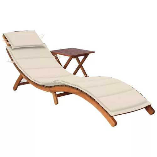 vidaXL tömör akácfa kerti napozóágy asztallal és párnával