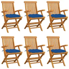 vidaXL 6 db tömör tíkfa kerti szék kék párnával