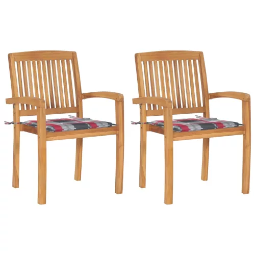 vidaXL 2 db tömör tíkfa kerti szék piros kockás párnákkal