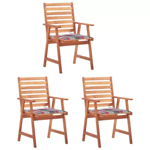 vidaXL 3 db tömör akácfa kültéri étkezőszék párnával