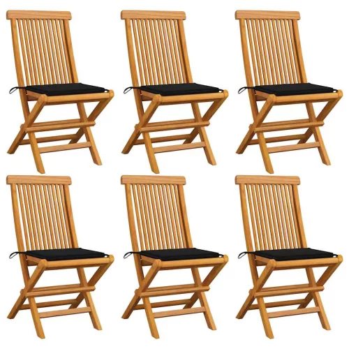 vidaXL 6 db tömör tíkfa kerti szék fekete párnával