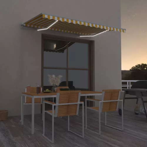 vidaXL sárga és fehér kézzel kihúzható LED-es napellenző 350 x 250 cm