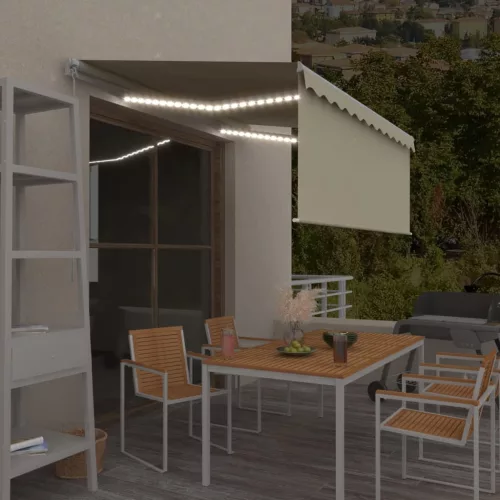 vidaXL krémszínű kézzel kihúzható LED-es napellenző redőnnyel 3x2,5 m