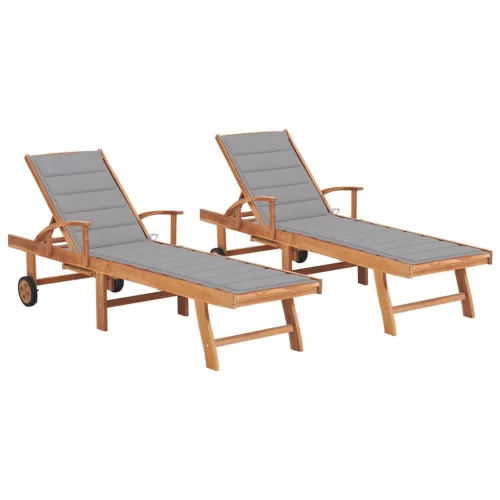 vidaXL 2 db tömör tíkfa napozóágy szürke párnával