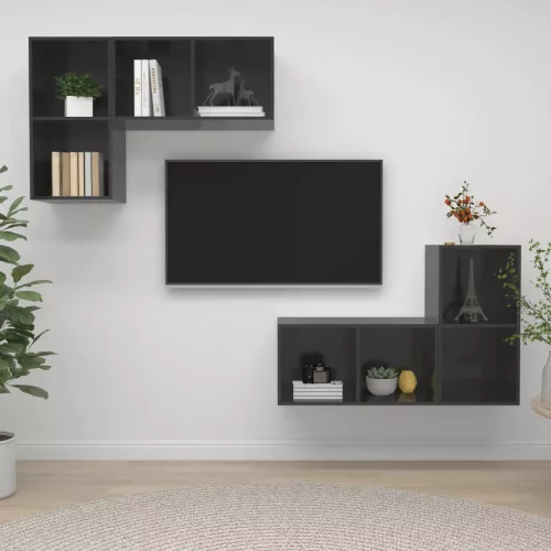 vidaXL 4 db magasfényű szürke szerelt fa fali TV-szekrény