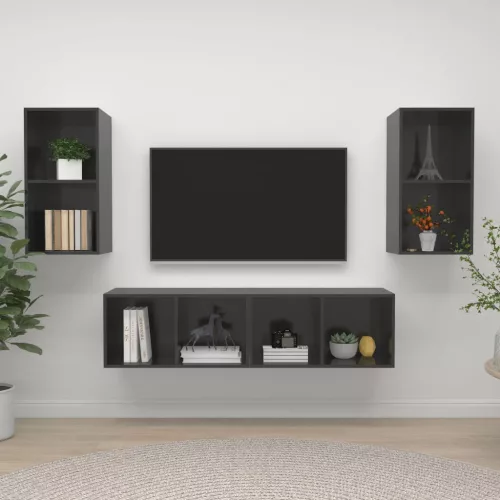 vidaXL 4 db magasfényű szürke szerelt fa fali TV-szekrény