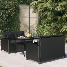   vidaXL 3 részes polyrattan kerti étkezőgarnitúra fekete párnákkal