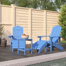   vidaXL vízkék HDPE kerti adirondack székek lábtartóval és asztallal