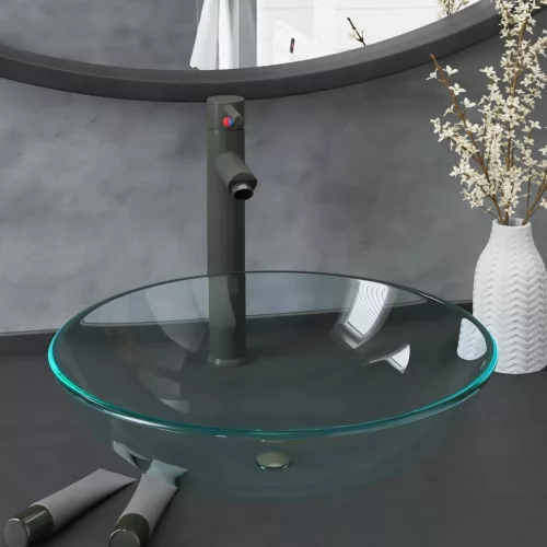 vidaXL edzett üveg mosdókagyló csapteleppel és leeresztőszeleppel