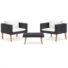   vidaXL 3 részes fekete polyrattan kerti ülőgarnitúra párnákkal