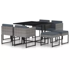   vidaXL 9 részes szürke polyrattan kerti étkezőszett párnákkal