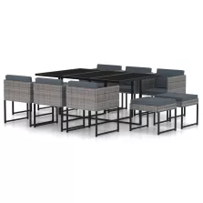   vidaXL 11 részes szürke polyrattan kerti étkezőszett párnákkal