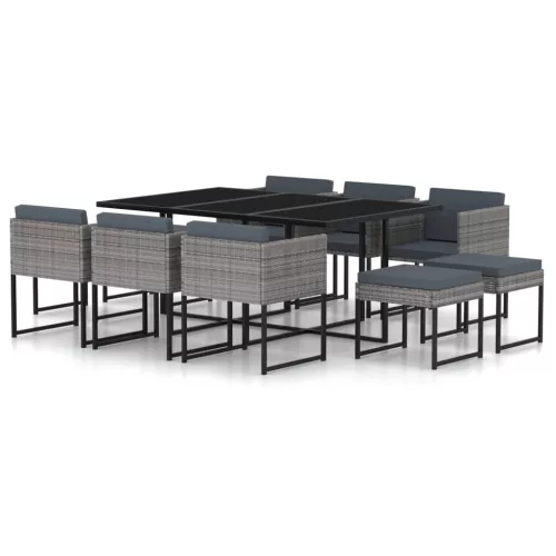 vidaXL 11 részes szürke polyrattan kerti étkezőszett párnákkal