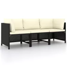   vidaXL 3 személyes fekete polyrattan kerti kanapé párnákkal