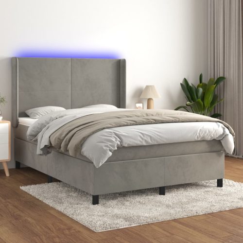 vidaXL világosszürke bársony rugós és LED-es ágy matraccal 140x190 cm