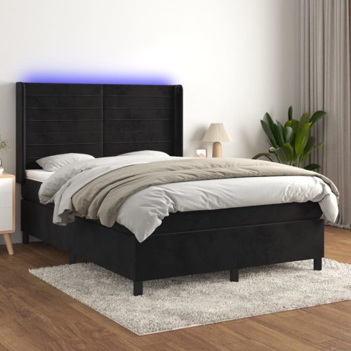 vidaXL fekete bársony rugós és LED-es ágy matraccal 140x190 cm