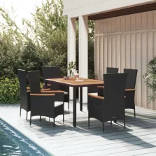   vidaXL 7 részes fekete polyrattan kerti étkezőgarnitúra párnával