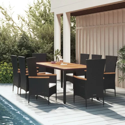 vidaXL 9 részes fekete polyrattan kerti étkezőgarnitúra párnákkal