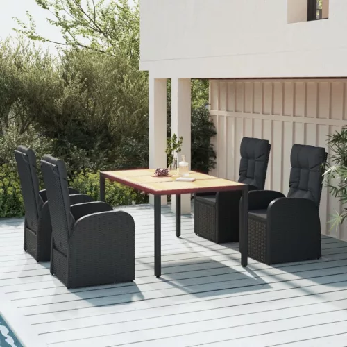 vidaXL 5 részes fekete polyrattan kerti étkezőgarnitúra párnákkal