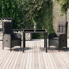   vidaXL 3 részes fekete polyrattan kerti étkezőgarnitúra párnákkal