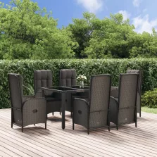   vidaXL 7 részes fekete és szürke polyrattan kerti étkezőszett párnával