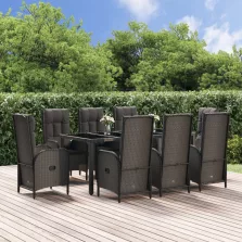   vidaXL 9 részes fekete és szürke polyrattan kerti étkezőszett párnával
