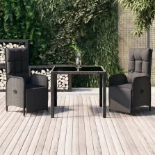   vidaXL 3 részes fekete polyrattan kerti étkezőgarnitúra párnákkal