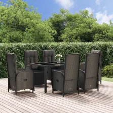   vidaXL 7 részes fekete és szürke polyrattan kerti étkezőszett párnával