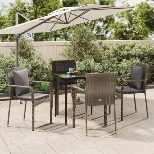 vidaXL 5 részes fekete és szürke polyrattan kerti étkezőszett párnával
