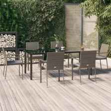   vidaXL 7 részes fekete és szürke polyrattan kerti étkezőszett párnával