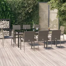   vidaXL 9 részes fekete és szürke polyrattan kerti étkezőszett párnával