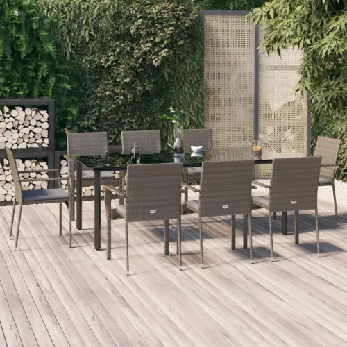 vidaXL 9 részes fekete és szürke polyrattan kerti étkezőszett párnával