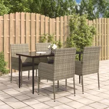   vidaXL 5 részes fekete és szürke polyrattan kerti étkezőszett párnával