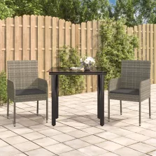  vidaXL 3 részes fekete és szürke polyrattan kerti étkezőszett párnával